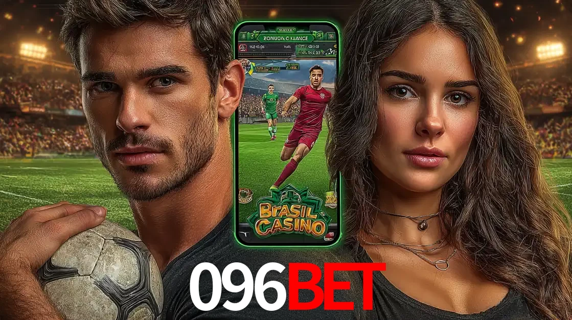 Homem segurando uma bola de futebol e uma mulher ao lado de um smartphone exibindo o jogo de apostas esportivas da 096BET. Faça seu palpite no cassino online.